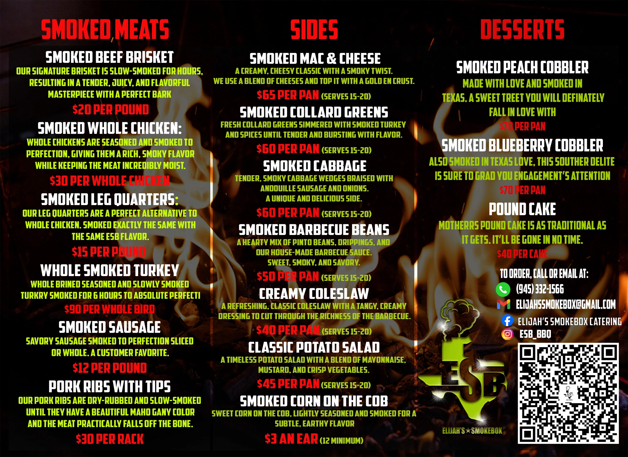 Elijah's Smokebox printed catering menu